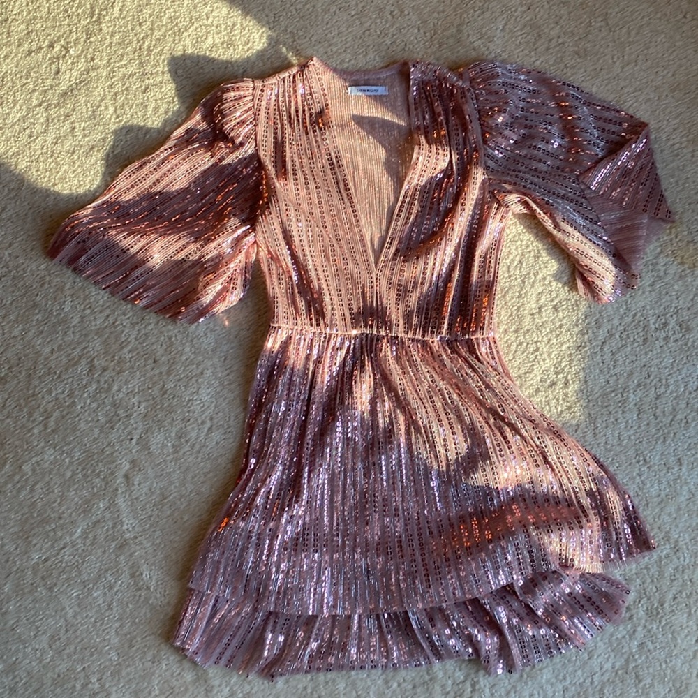 Sabina musayev sequined mini dress two teir skirt withh flutter sleeve